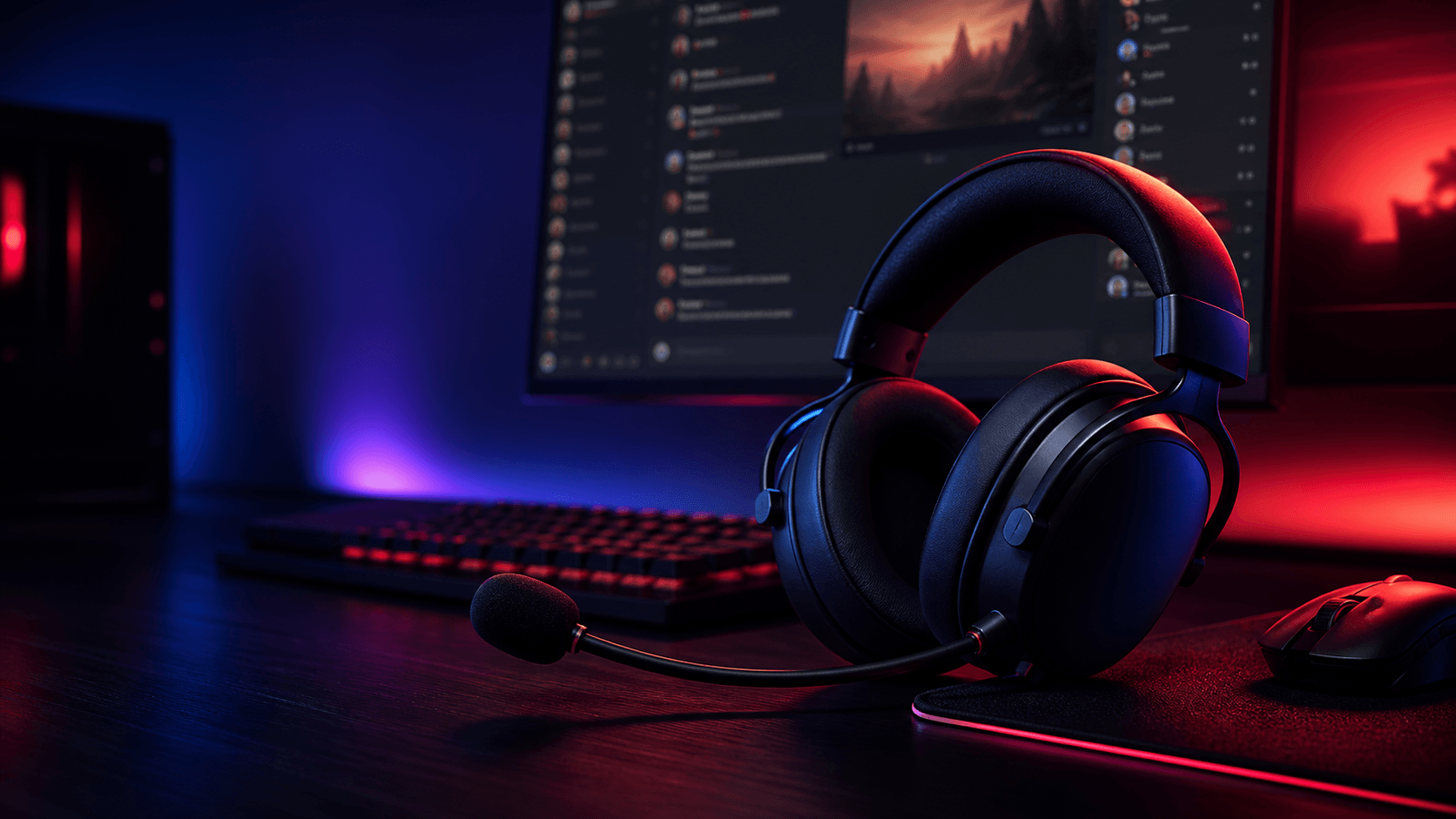 Gaming setup with headset and neon lighting